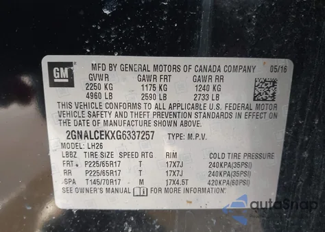 2016 Chevrolet Equinox Lt z USA, uszkodzony, nr VIN 2GNALCEKXG6337257